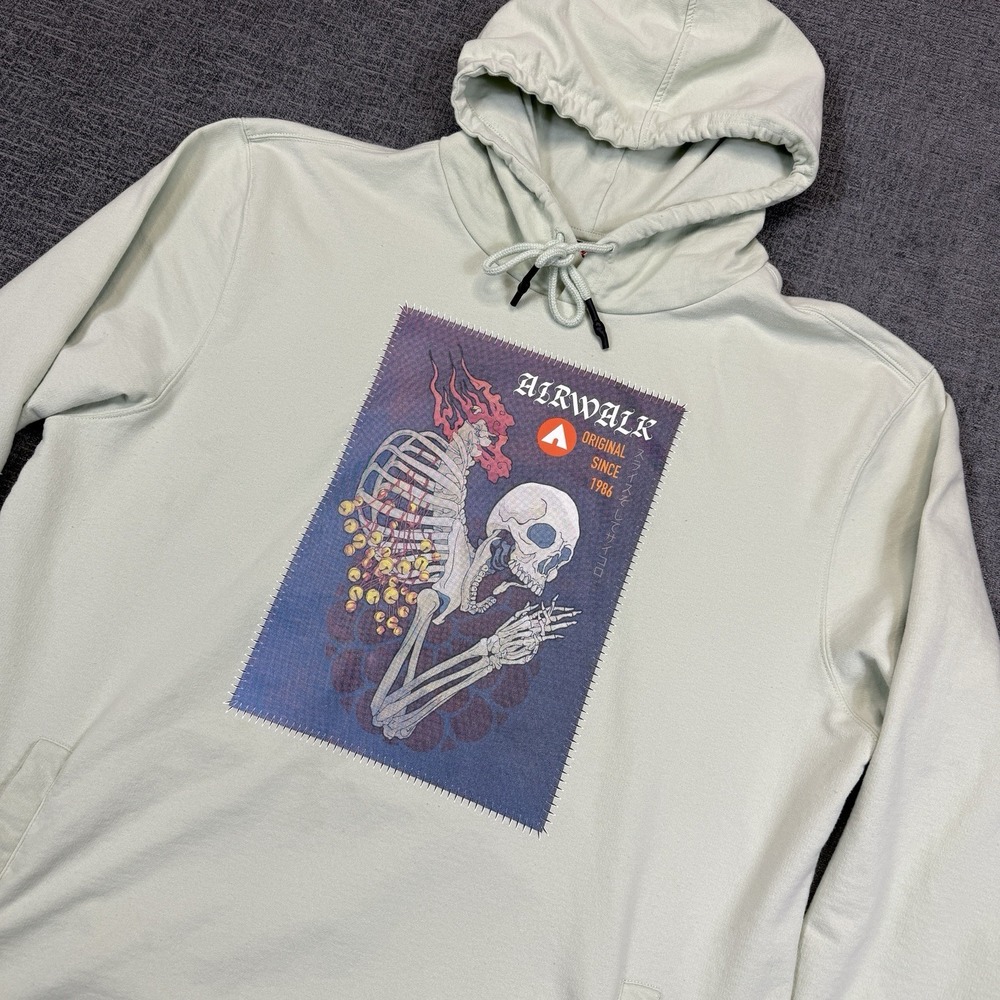 Airwalk Hoodie Size 3XL Light Green Sweatshirt Skull‎ Fire Wings Flying Graphic